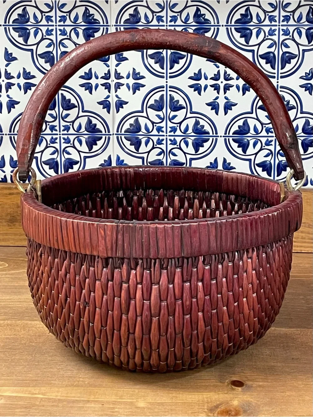 Vintage Chinese Lacquered Woven Harvest Basket Wooden Handle Asian Rustic Decor